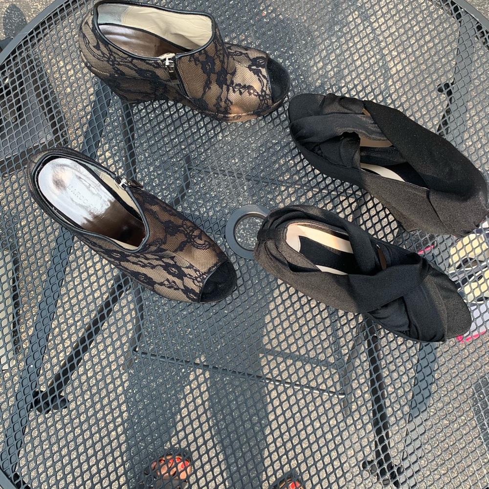 Black wedge lace sandal and black cloth wedge.

Blue Jean items sold.